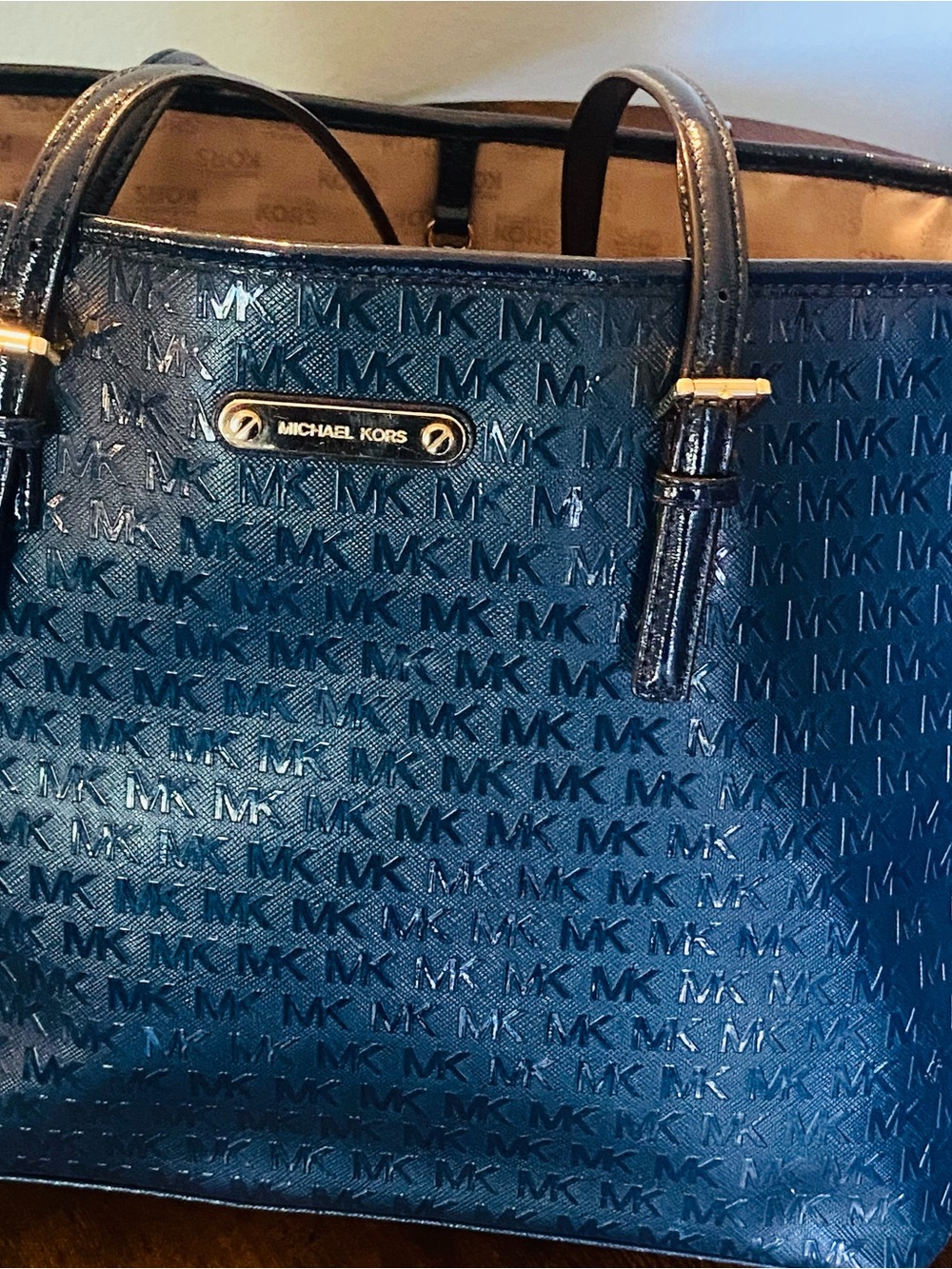 Michael Kors Navy Patent MK Embossed Tote with Gold Hardware